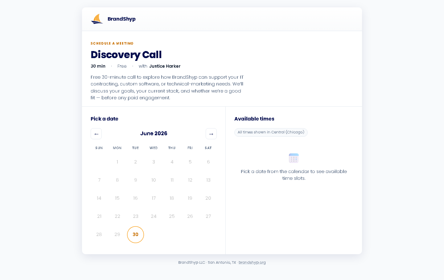 BrandShyp self-hosted booking widget showing the Discovery Call scheduling interface with calendar and time slots
