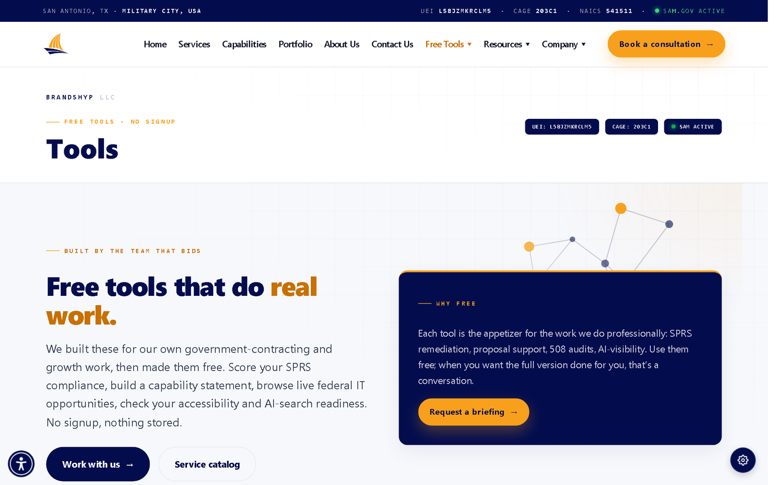 BrandShyp free GovCon tools page: an interactive suite including SPRS calculator, capability-statement generator, and federal opportunity feed