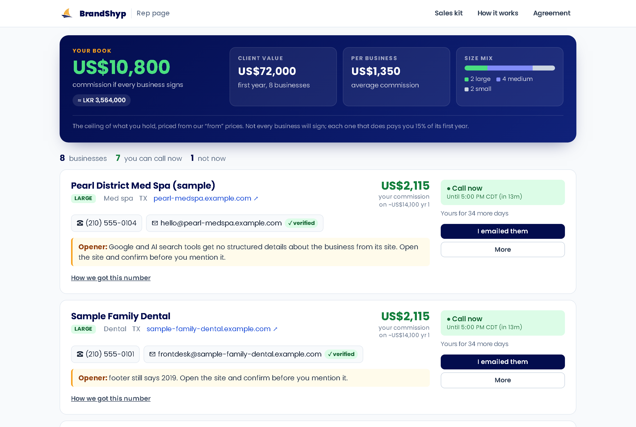 Sample rep page: your book of US$10,800 potential commission across 8 sample businesses, and business cards with phone, checked email, opener and a green call-now light